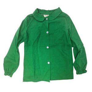 Vintage 70s Piccolo Kids Green Polka Dot Button-Up Cotton Shirt With Peter Pan C